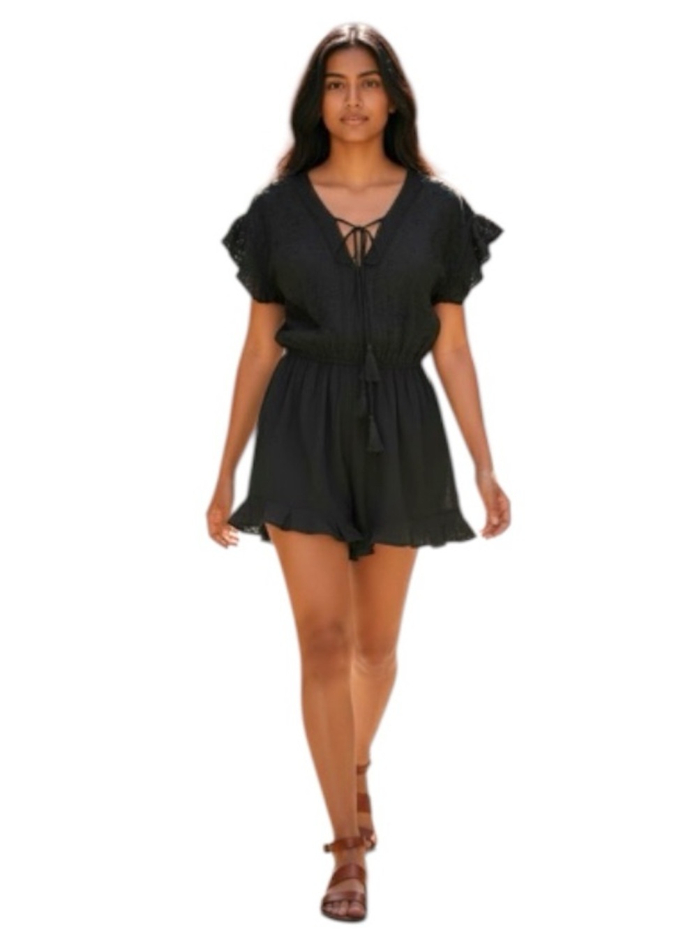 Flying Tomato Black Romper Short Sz M Floral Eyelets Ruffle Hem Lace V Neckline